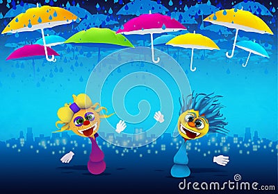 Cartoony Characters with umbrellas and rain Stock Photo