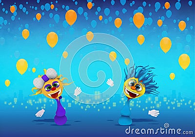 Cartoony Characters and yellow balloons Illustration Stock Photo