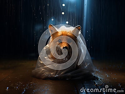 a cartoony fox in the middle of the forest who is trapped by a plastic bag Stock Photo