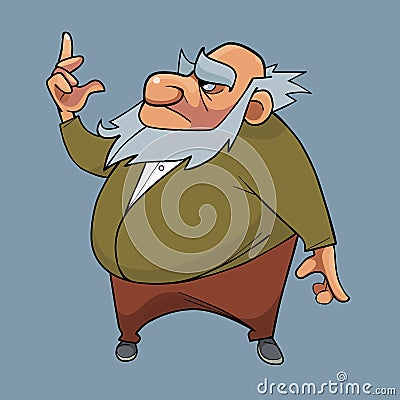 Cartoony serious bearded fat grandfather thoughtfully shows up Vector Illustration