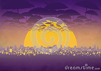 Cartoony Skyline Background at sunset with clouds, umbrellas Stock Photo