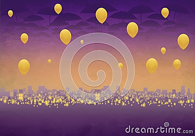 Cartoony Skyline Background at sunset with clouds, umbrellas and yellow balloons Stock Photo