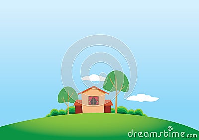 Cartoony Stule Country House and Trees Vector Illustration