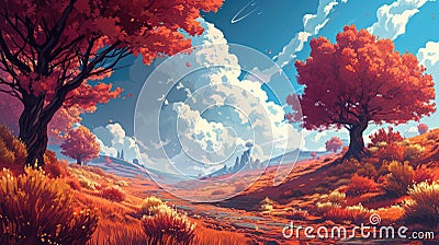 A cartoony vibrant landscape with fluffy clouds and trees Cartoon Illustration