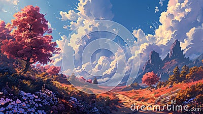 A cartoony vibrant landscape with fluffy clouds and trees Cartoon Illustration