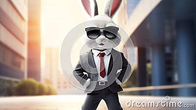 Cartoony White Bunny In Business Suit: Innovative City Background Image Stock Photo