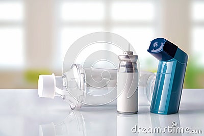 Cartridge inhaler and inhalation chamber in a room front view Stock Photo
