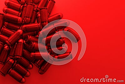 Cartridges bulk close up images. Bullets in shells for gun are piled randomly. Weapon armory concept Stock Photo