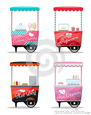 Carts set retail, popcorn, cotton candy, hot dog, ice cream kiosk on wheel Vector Illustration