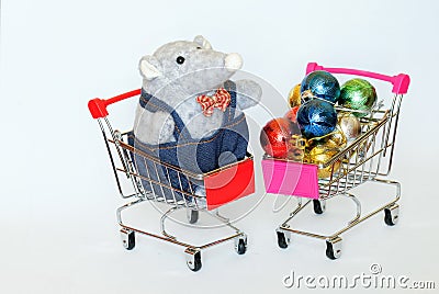 Carts from the supermarket with the symbol of the 2020 year - a mouse and Christmas tree decorations. Seasonal sales. New Year and Stock Photo