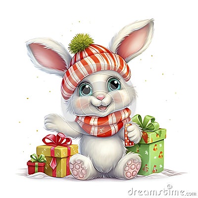 Cartton Rabbit at the christmas party on a white background Stock Photo