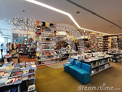 Carturesti library indoor at mall Afi Palace Cotroceni in Bucharest Editorial Stock Photo