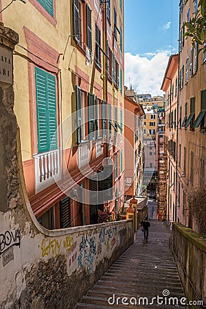 Caruggi, medieval streets of Genoa, Liguria, Italy Editorial Stock Photo