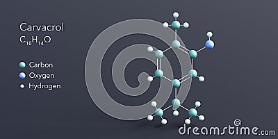 carvacrol molecule 3d rendering, flat molecular structure with chemical formula and atoms color coding Stock Photo