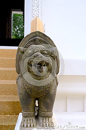 The Carved brown stone of Leo or Lion with Cambodia style Stock Photo