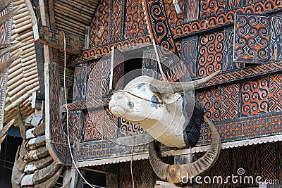 Carved buffalo head decoration on Tongkonan traditional house Stock Photo