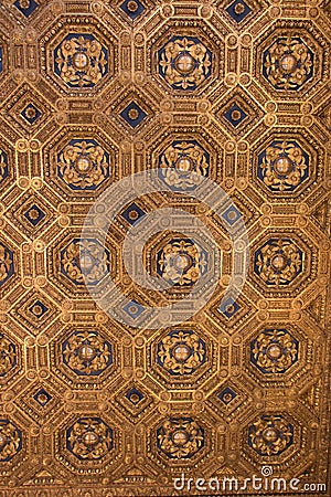 Carved coffer ceiling of the Sala dell`Udienza in the Palazzo Vecchio, Florence, Italy. Editorial Stock Photo