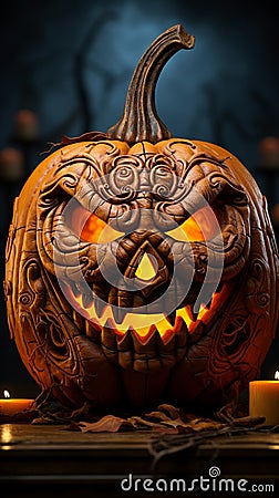 Carved creation jack o lantern pumpkin head enhances wooden backdrop, embodying Halloween essence Stock Photo