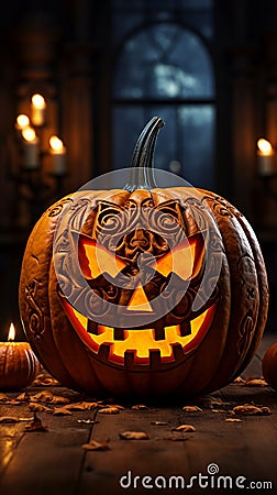 Carved creation jack o lantern pumpkin head enhances wooden backdrop, embodying Halloween essence Stock Photo