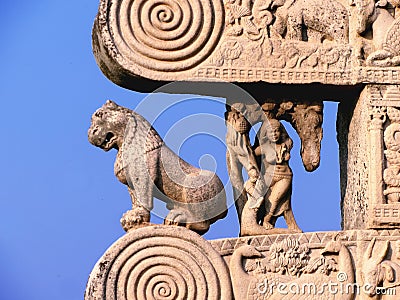 Carved decorated pillars of sanchi Buddhist monument in india Stock Photo