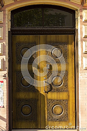 carved door with a combination lock Stock Photo