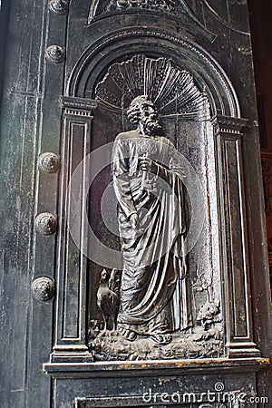 Carved door on the Metropolitan Cathedral in Quito, Ecuador Editorial Stock Photo