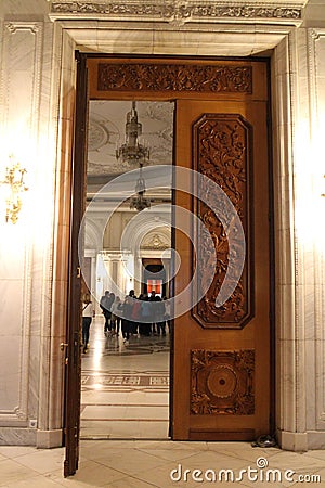 Carved door in Palatul Parlamentului Palace of the Parliament, Bucharest Editorial Stock Photo