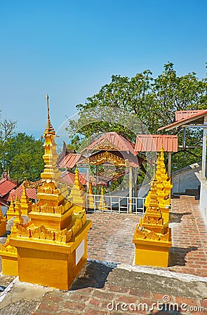 The carved gilt stupas, Sagaing Hill, U Min Thonze Temple Editorial Stock Photo