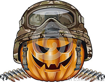 Carved halloween pumpkin wearing military helmet and ammunition belt Vector Illustration