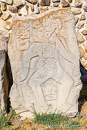 Danzantes Stone Stele, Monte Alban, Oaxaca, Mexico Stock Photo