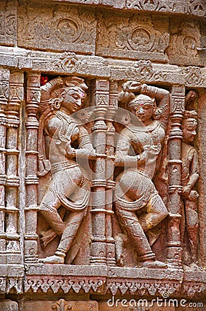 Carved idol on the outer wall, Hatkeshwar Mahadev, 17th century temple, the family deity of Nagar Brahmins. Vadnagar Stock Photo