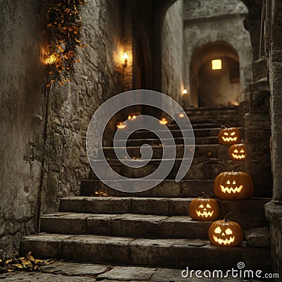 Carved Jack-o'-Lanterns Illuminate a Stone Stairway in a Dark Medieval Alleyway Stock Photo