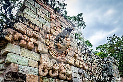 Carved Macaw in the Ball Court of Mayan Ruins - Copan Archaeological Site, Honduras Editorial Stock Photo