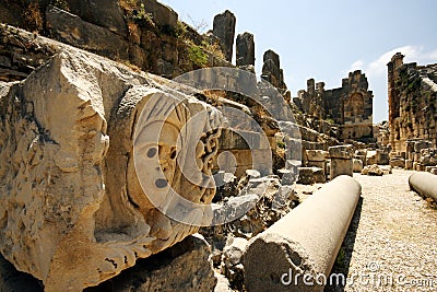 Carved pillars in amphitheater Stock Photo