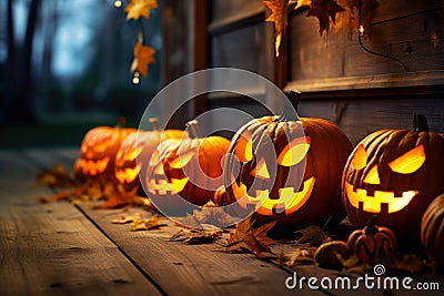 Carved pumpkin in front of a house at night Stock Photo