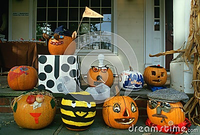 Carved Pumpkins on Porch, Basking Ridge, New Jersey Editorial Stock Photo