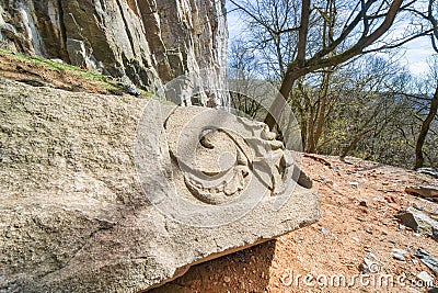 Carved rock of Pajstun castle portal on Zahorie region near Stupava town Stock Photo