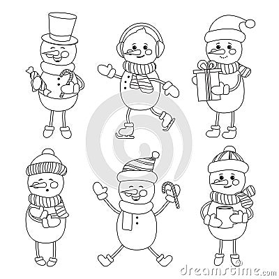 Carved silhouette flat icon, simple vector. Set of cartoon smiling snowmen in hat, scarf, gloves, skates. Illustration for winter Vector Illustration