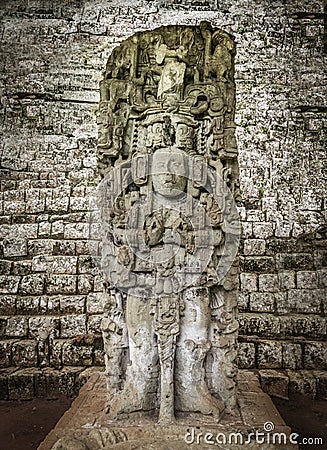 Carved Stella in Mayan Ruins - Copan Archaeological Site, Honduras Editorial Stock Photo