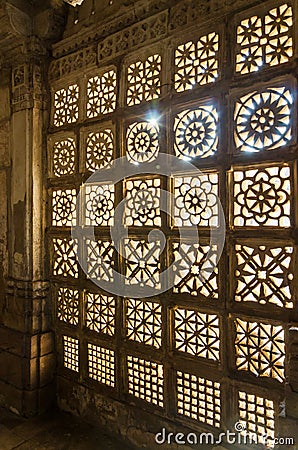 Carved stone grilles pattern at Sarkhej Roza mosque in Ahmedabad Stock Photo