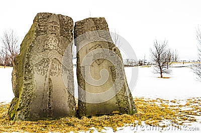 Carved viking priests statues near Skalholt Cathedral, Iceland Stock Photo