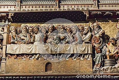 Carved wall with Last Supper at Cathedrale Notre Dame de Paris in France Editorial Stock Photo