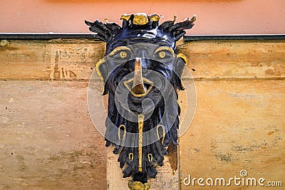 Carved wooden sculpture on a 16th century half timbered house, Strasbourg France Stock Photo