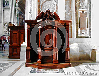 Carved Wooden Confessional in Saint Peter`s Basilica Editorial Stock Photo