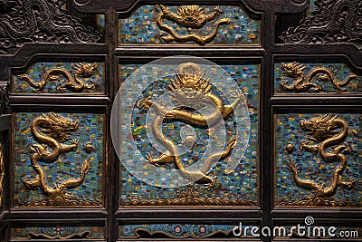 The carved wooden dragon throne. It's the throne of the Emperor of China Editorial Stock Photo