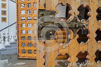 wooden gates, historical part of the building, exterior decoration Stock Photo