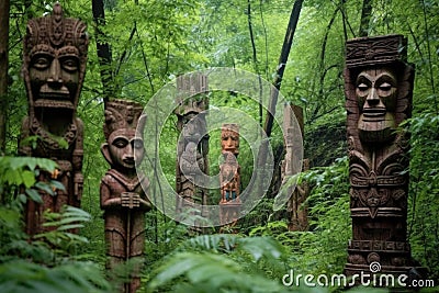 carved wooden totems amidst dense foliage Stock Photo