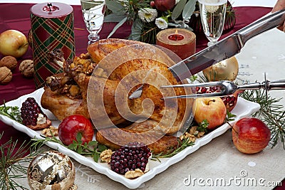 Carving Christmas Pomegranate Glazed Roasted Turkey Stock Photo