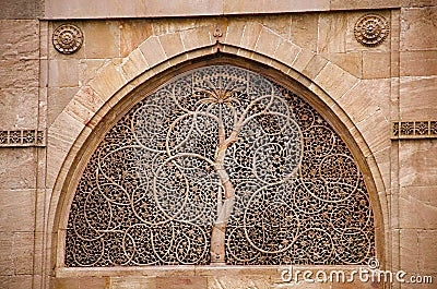 Carving details on the outer wall of the Sidi Sayeed Ki Jaali Mosque, Built in 1573, Ahmedabad, Gujarat Stock Photo