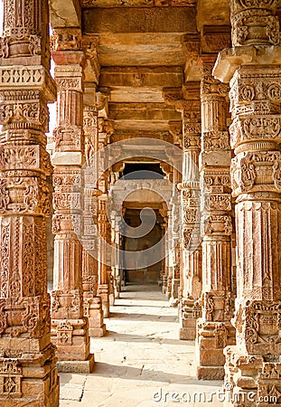 Carving pillars in Qutub Minar in New Delhi, India Stock Photo